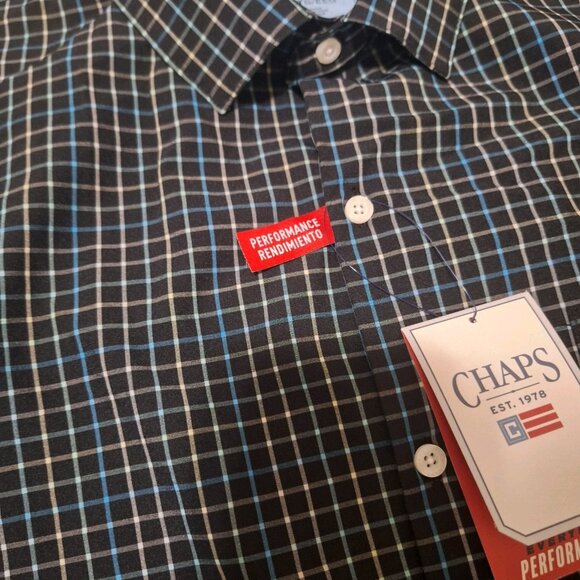 NWT CHAPS Everyday Performance Mens Black Blue Plaid Short Sleeve Button Up Sz L - Picture 5 of 8